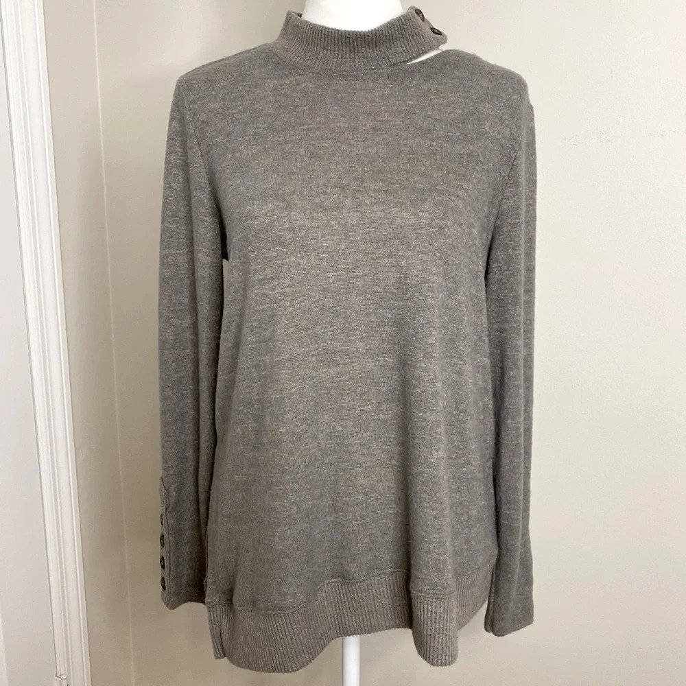 Democracy Mock Neck Cut Out Button Long Sleeve Gray Taupe Super Soft Sweater S